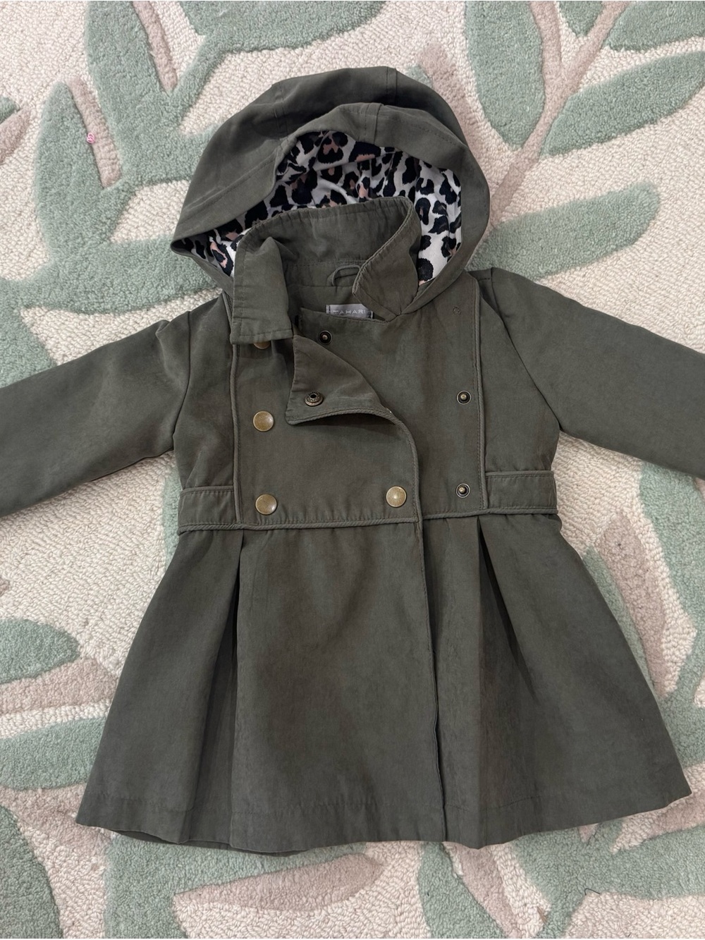 Tahari Girls Olive Hooded Double-Breasted Pea Coat with Leopard Trim